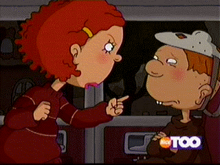 Carl's older sis/the show's main character Ginger (Melissa Disney) giving him, wearing a hockey mask, a stern talking